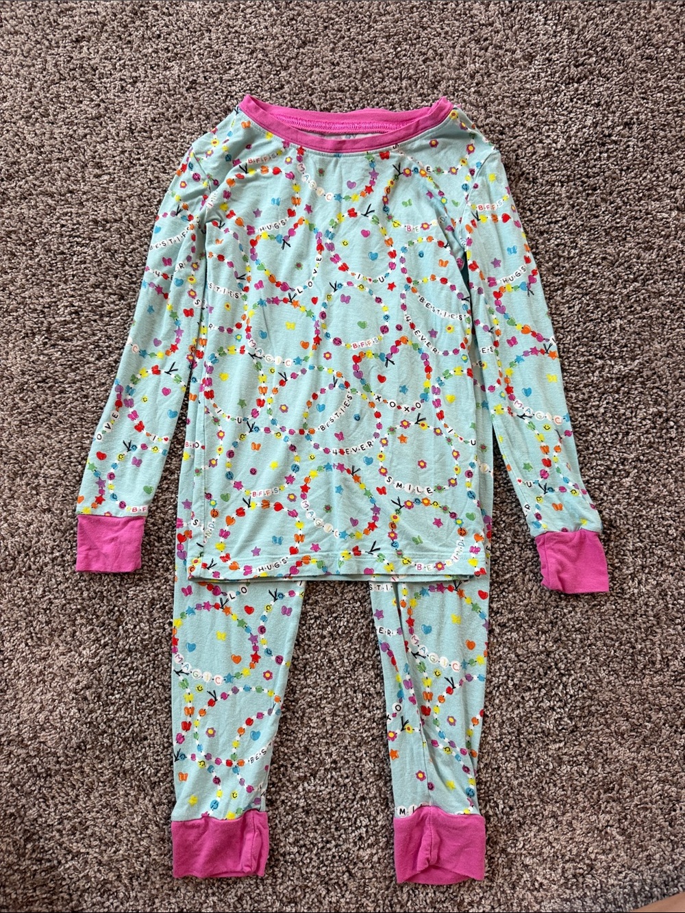 Little Sleepies Mint Pajama Set with Pink Trim and Friendship Bracelets